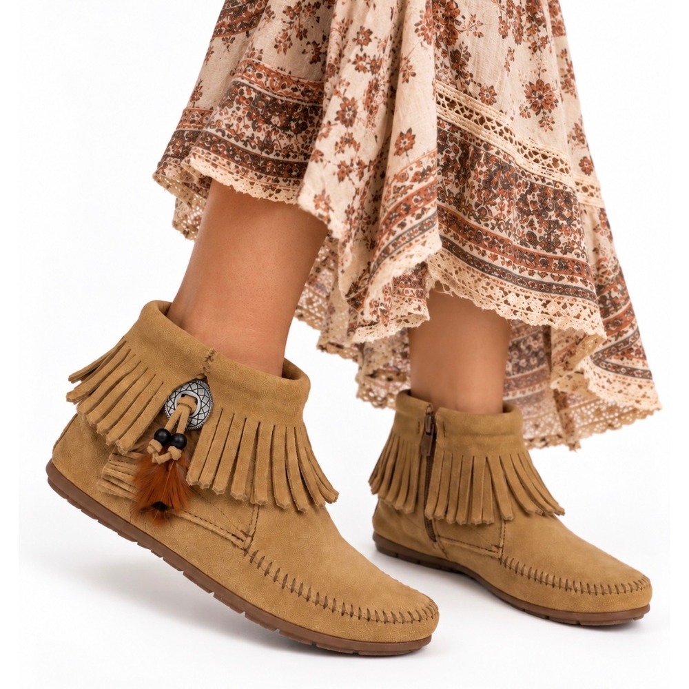 NWOT Minnetonka Suede Fringe Concho Moccasin Boots Womens Size 10 Tan Festival
